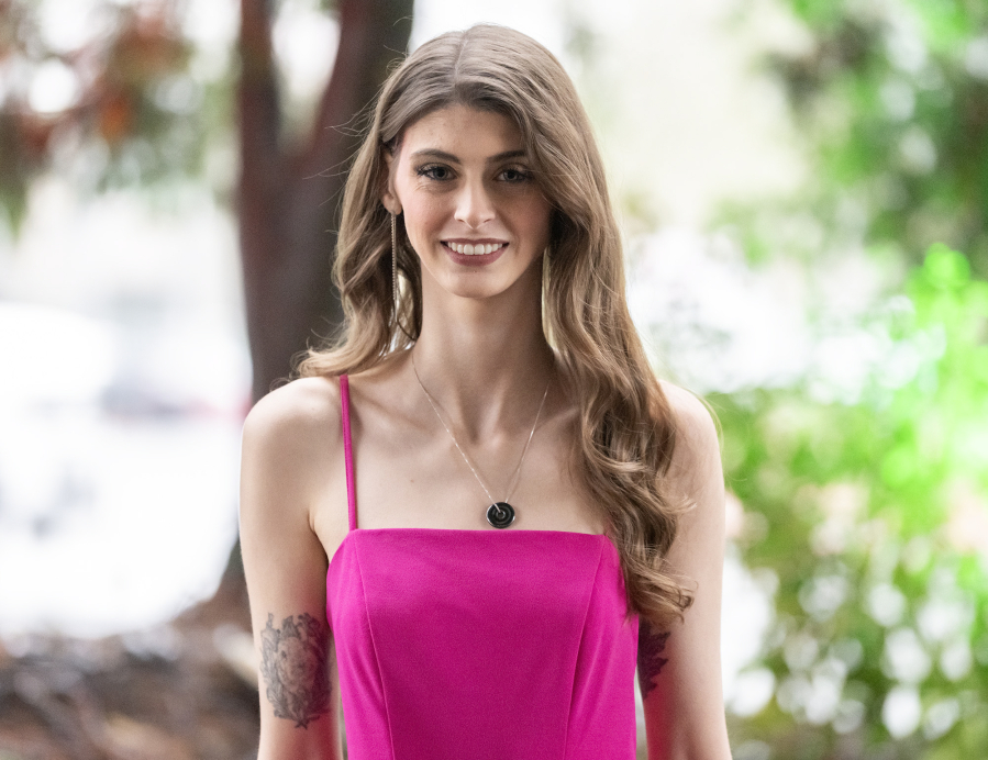 May Dearing, Miss Clark County 2026, stands for a portrait on Tuesday at The Heathman Lodge in Vancouver. Dearing has taken on human trafficking awareness advocacy as her community service initiative. (Taylor Balkom/The Columbian)