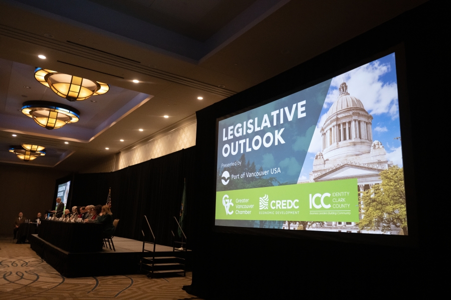 Local lawmakers gather to speak on a panel during the Greater Vancouver Chamber&rsquo;s Legislative Outlook event at the Hilton Vancouver Washington on Tuesday morning.
