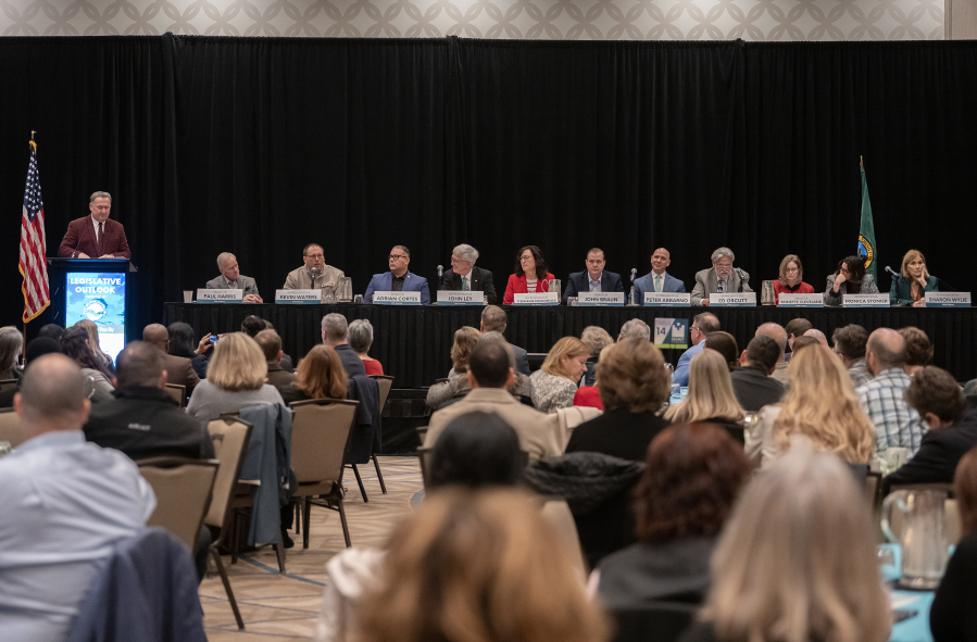 Local lawmakers gather to speak on a panel during the Greater Vancouver Chamber&rsquo;s Legislative Outlook event at the Hilton Vancouver Washington on Tuesday morning. (Photos by Amanda Cowan/The Columbian)