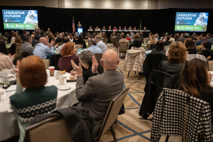 Photos by Local lawmakers speak to the crowd during the Greater Vancouver Chamber&rsquo;s Legislative Outlook event at the Hilton Vancouver Washington on Tuesday morning. The 2026 legislative session begins Jan. 12.