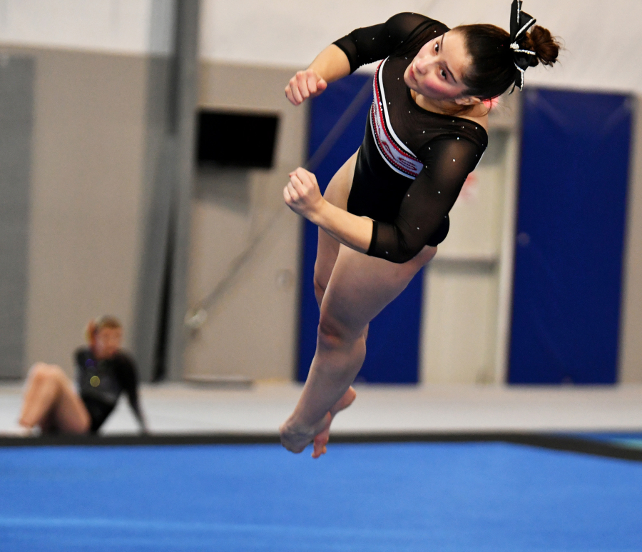 Maya Richardson of Camas performs her floor routine during a gymnastics meet at Naydenov Gymnastics on Saturday. (Micah Rice/The Columbian)