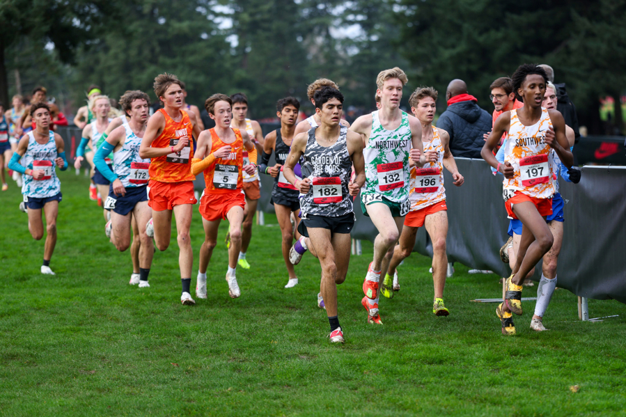 Cohen Butler of Camas (132) runs in the Nike Cross Nationals 5,000-meter men&rsquo;s championship race on Saturday, Dec. 6, 2025, at Glendoveer Golf Course in Portland. (Ken Martinez/West Coast XC)