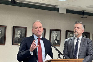 Washington state Democratic Rep. Jake Fey (left) and Republican Rep. Andrew Barkis, discuss the proposed House transportation budget at the state Capitol released on March 25, 2025. (Jerry Cornfield/Washington State Standard)