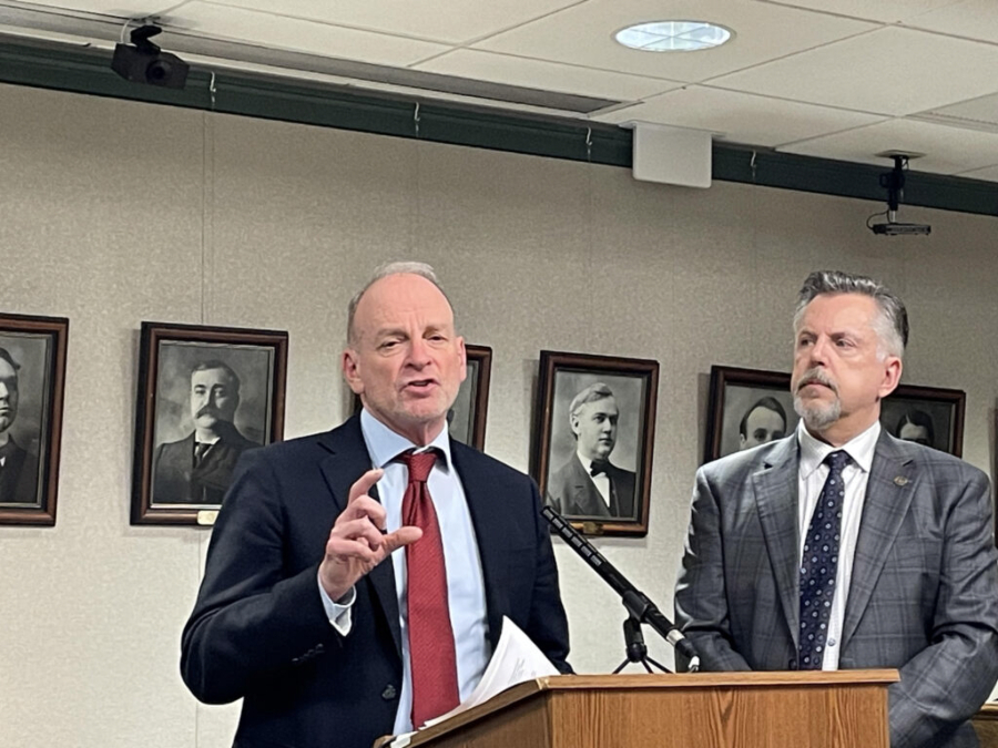 Washington state Democratic Rep. Jake Fey (left) and Republican Rep. Andrew Barkis, discuss the proposed House transportation budget at the state Capitol released on March 25, 2025. (Jerry Cornfield/Washington State Standard)