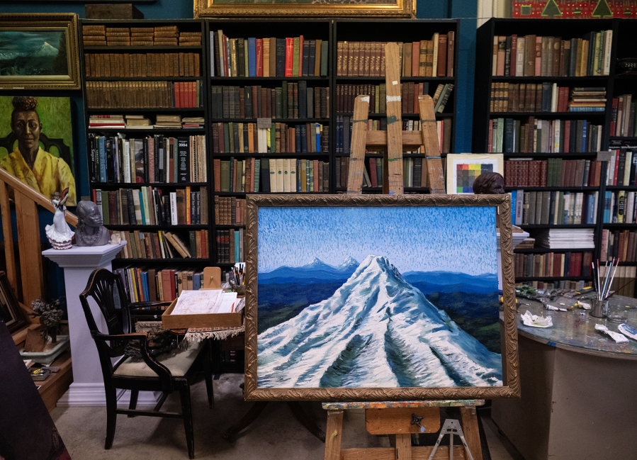 One of David Van Zandt&rsquo;s recent paintings is on display in his 1,800-square-foot studio at Rising Phoemix Farm in Washougal. The farm is also home to Embrace Qi, the wellness collective founded by Van Zandt&rsquo;s partner, Yvonne Yeh Gee. (Taylor Balkom/The Columbian)