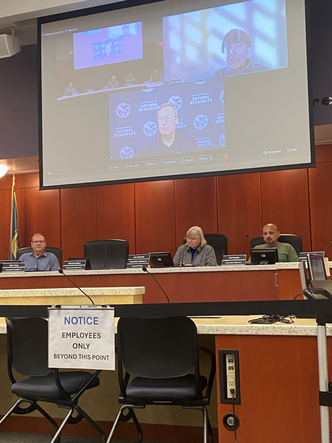 Public Lands Commissioner Dave Upthegrove joined the Clark County Council via teleconference Wednesday for a discussion on managing state forest lands. (Shari Phiel/The Columbian)