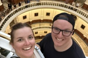 Washougal natives Keira Mathews and Alan Stogin, pictured above in the United States Capitol Building, are bringing the story of the United States&rsquo; World War II female pilots to a New York stage in the spring. (Contributed by Alan Stogin)
