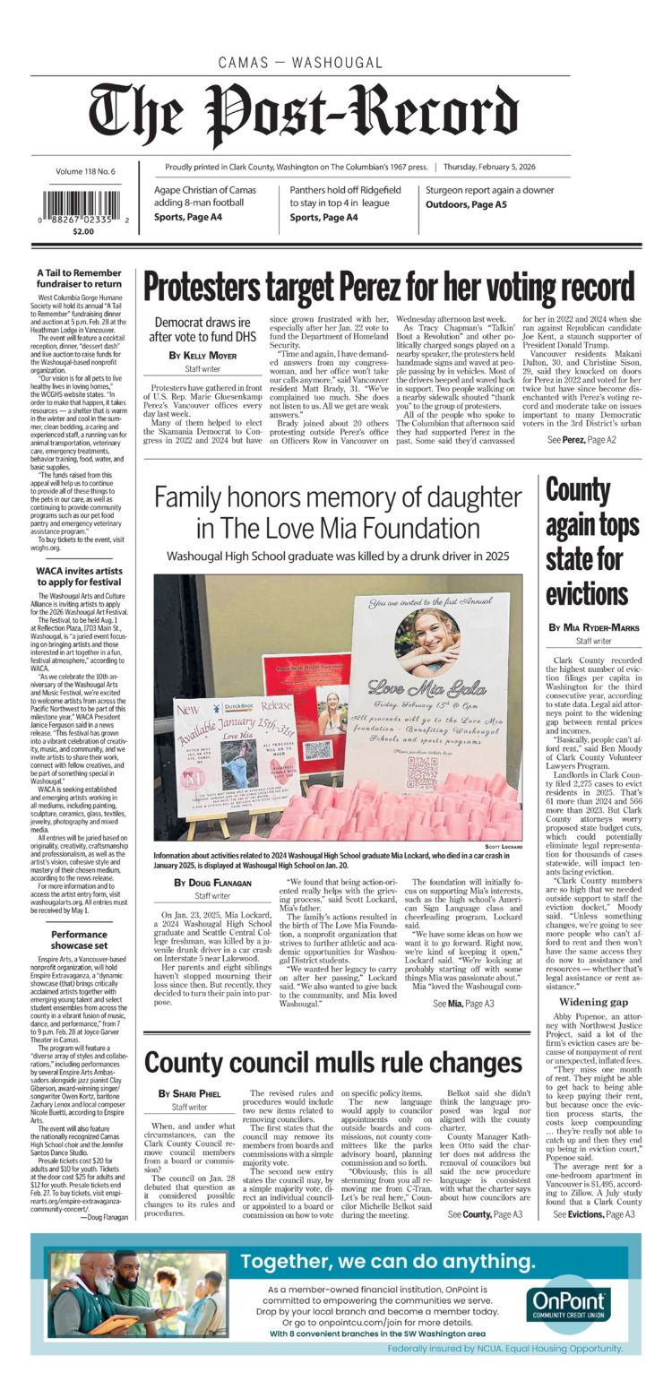 Thursday, Feb. 5th, 2026 Camas-Washougal Post-Record newspaper front page