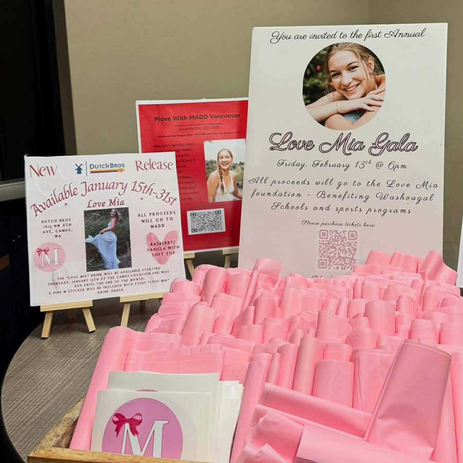 Information about activities related to 2024 Washougal High School graduate Mia Lockard, who died in a car crash in January 2025, is displayed at Washougal High School on Jan. 20. (Scott Lockard)