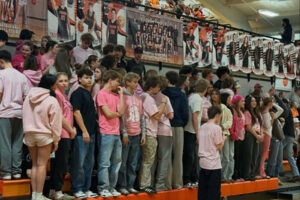 Students wear pink &ldquo;Love Mia&rdquo; T-shirts during the Washougal High School boys basketball team&rsquo;s home game on Jan. 20. (Scott Lockard)