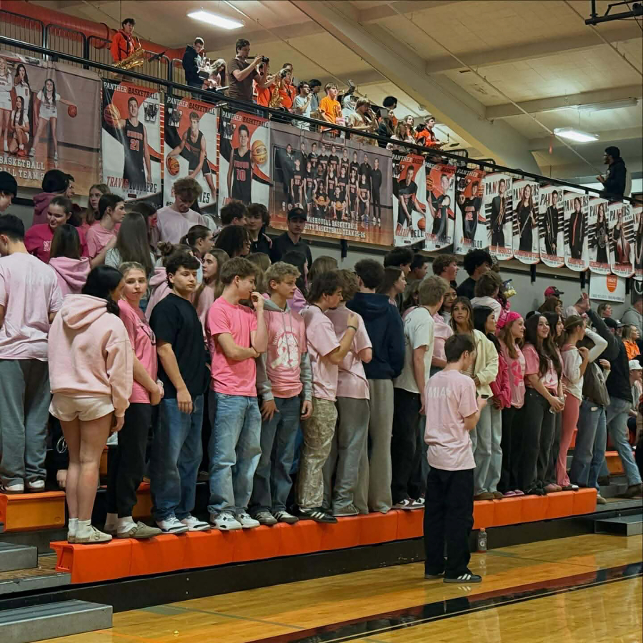 Students wear pink &ldquo;Love Mia&rdquo; T-shirts during the Washougal High School boys basketball team&rsquo;s home game on Jan. 20. (Scott Lockard)