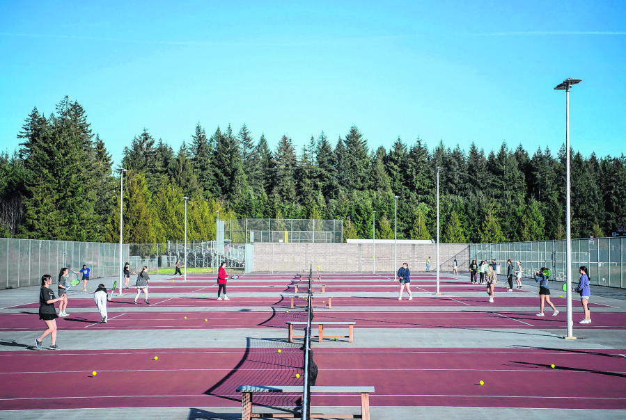 After the girls tennis spring season concludes, the eight tennis courts at Camas High School will be resurfaced prior to installation of an all-weather bubble. (Taylor Balkom/The Columbian files)