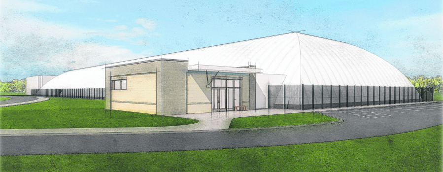 A design rendering shows an all-weather bubble covering the tennis courts at Camas High School. Construction on the dome will begin in May. The dome structure will be 400 feet long, 160 feet wide and 38 feet tall, according to Terry Werdel, an associate principal at Aetta Architects. (Contributed by Camas School District)