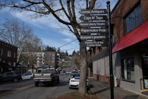 A driver passes both diagonal and parallel parking spots along Northeast Dallas Street in Camas on Friday. The city of Camas plans to reconfigure downtown parking due to the upcoming construction of a new fire station. (Photos by Amanda Cowan/The Columbian)