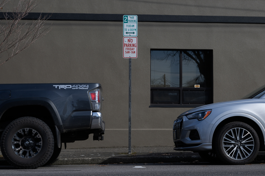 Cars are seen parallel parked along Northeast Dallas Street in Camas on Friday. The city of Camas is proposing the addition of 55 downtown parking spaces due to the upcoming construction of a new fire station. (Amanda Cowan/The Columbian)