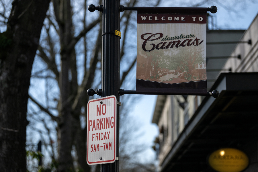 A parking sign is pictured in downtown Camas on Feb. 6. The city of Camas is proposing the addition of 55 downtown parking spaces due to the upcoming construction of a new fire station. (Amanda Cowan/The Columbian)