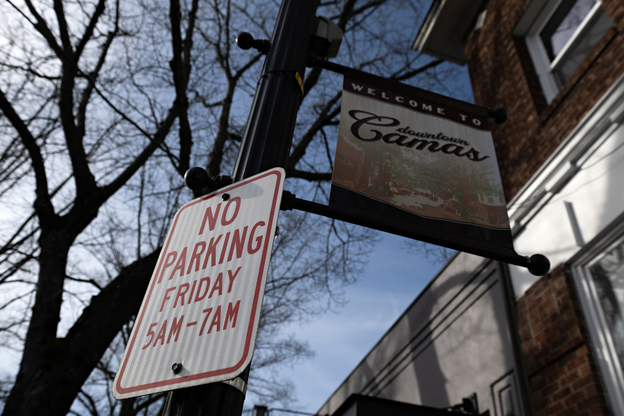 A parking sign is pictured in downtown Camas on Feb. 6. The city of Camas is proposing the addition of 55 downtown parking spaces due to the upcoming construction of a new fire station. (Amanda Cowan/The Columbian)