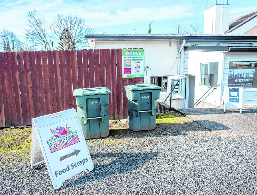 A We Compost drop-off site sits outside Real Life Foursquare Church in Vancouver. (Taylor Balkom/The Columbian)