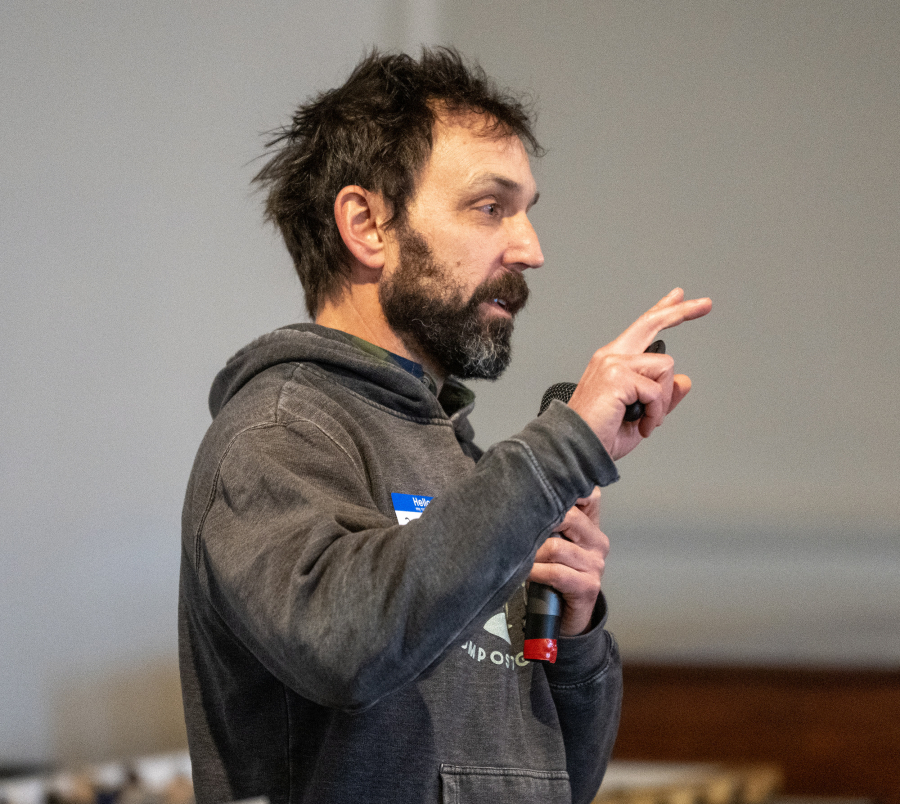 Dirt Hugger cofounder Pierce Louis gives a presentation at Clark County&rsquo;s We Compost program&rsquo;s Thursday celebration at Real Life Foursquare Church in Vancouver. Staff, volunteers and program partners celebrated the fourth anniversary of the program, and the collection of 186,000 pounds of food waste in 2025. (Taylor Balkom/The Columbian)