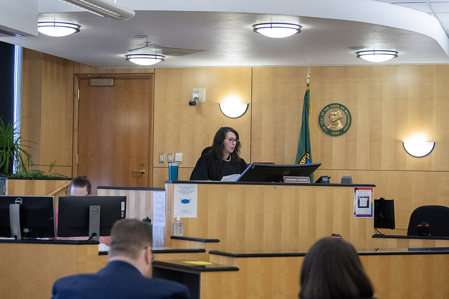 Judge Emily Sheldrick presides over the unlawful detainer (that is, eviction) docket Feb. 6, 2025, at the Clark County Courthouse. Clark County once again has the highest number of eviction filings per capita in the state. (Amanda Cowan/The Columbian files)