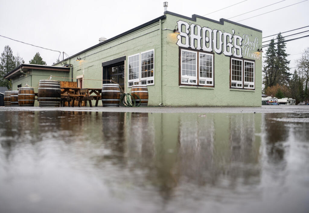 *SECONDARY* Rain falls Monday, Feb. 23, 2026, at Shoug&rsquo;s Draft House in Washougal. (Taylor Balkom/The Columbian)