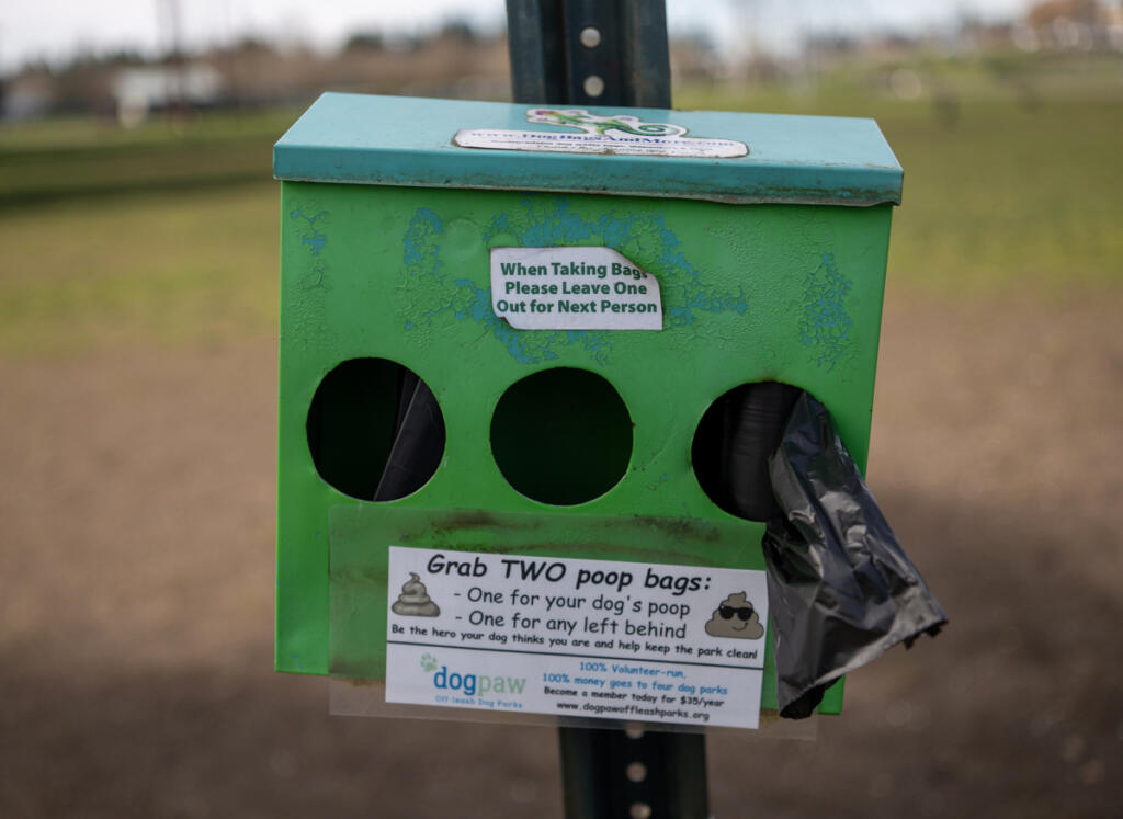 A poop bag dispenser is seen at Dakota Dog Park in Vancouver.