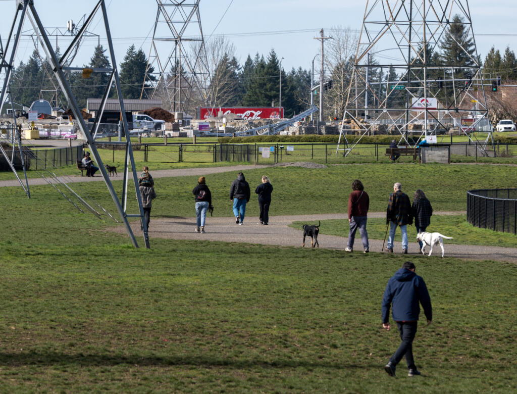 Dogs and people walk around on Feb. 26 at Dakota Dog Park in Vancouver. Vancouver and other cities are working to educate pet owners about the importance of picking up after their dogs. (Taylor Balkom/The Columbian)