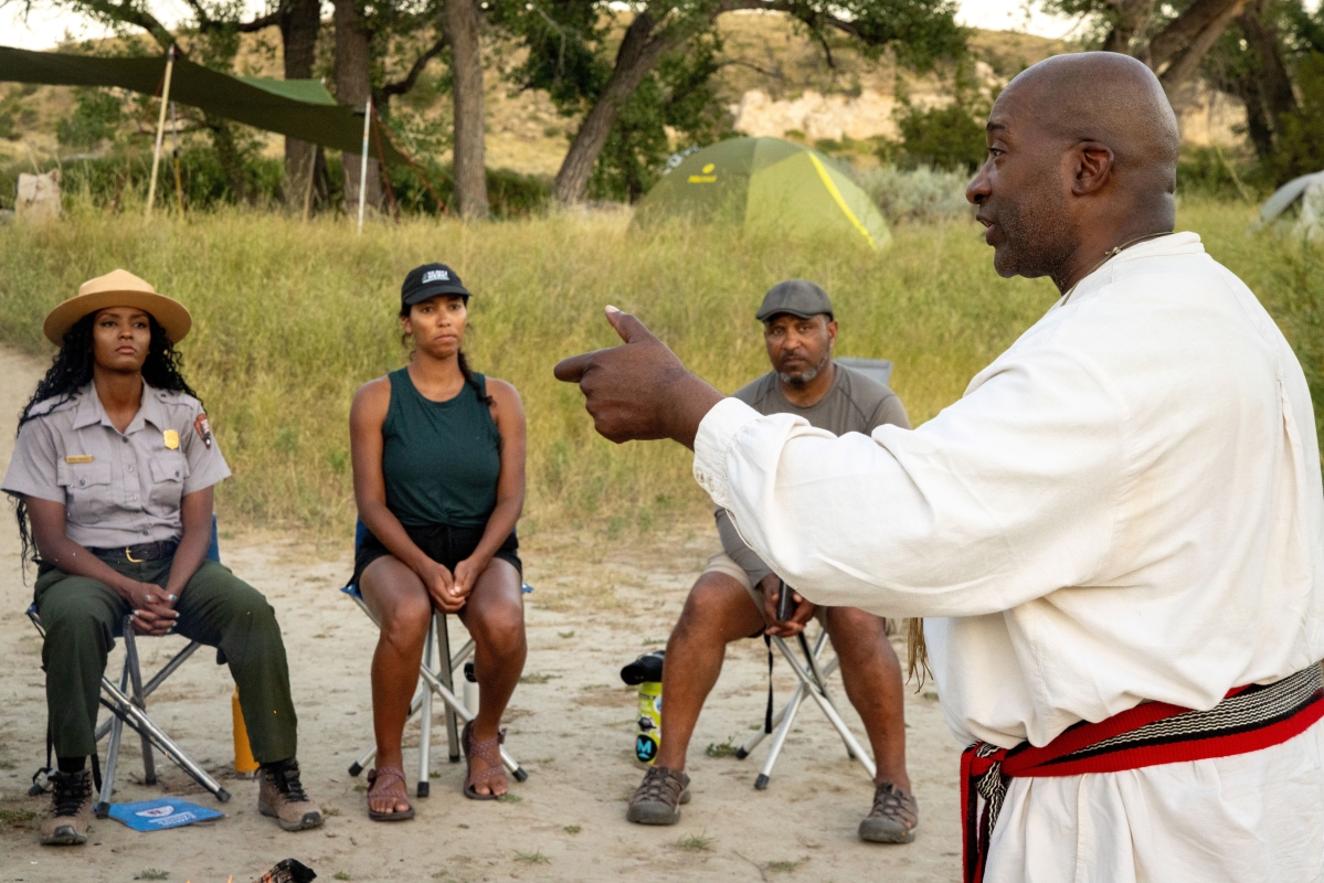 Author and living history reenactor Hasan Davis speaks about York&rsquo;s life &mdash; and performs as York &mdash; in the film &ldquo;Big Medicine: York Outdoors.&rdquo; (Peter Carbonell/National Park Service)