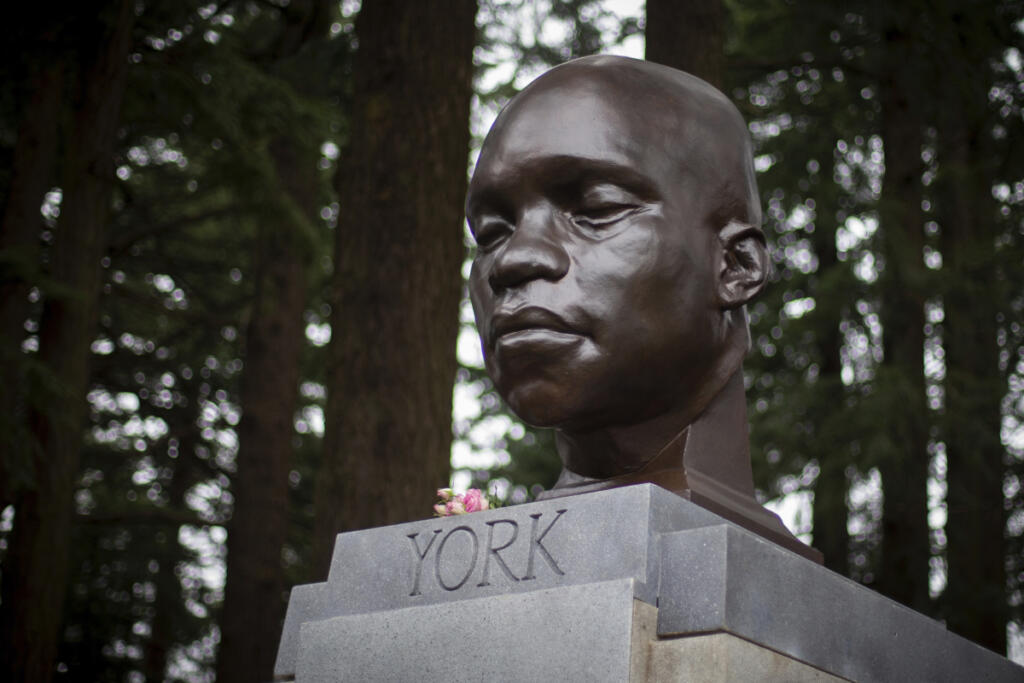 Even this bust of York in Portland&rsquo;s Mount Tabor Park, by artist Todd McGrain, has a complicated history. It was installed &ldquo;guerilla-style,&rdquo; replacing a prior statue of a pioneer and newspaper editor that was vandalized in 2021. Although popular, the York bust was also swiftly vandalized and removed. A new, official version of the statue is expected to be installed somewhere in Portland later this year. (Mark Graves/The Oregonian)
