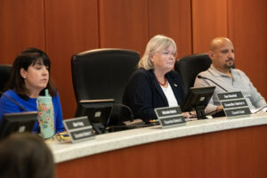 Clark County Councilors Michelle Belkot, from left, Sue Marshall and Wil Fuentes listen to public comment Feb. 11 during a Clark County Council meeting at the Clark County Public Service Center. (Taylor Balkom/The Columbian files)
