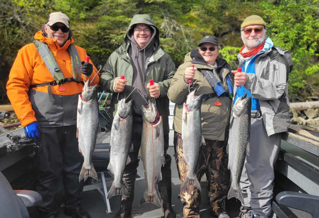 Anglers fishing with guide Casey Kelly of NW Columbia Fishing Adventures display a boat limit of Columbia River spring chinook. Kelly will fish every day of the remaining season. (Photos courtesy of NW Columbia Fishing Adventures)