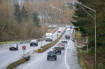 Traffic moves over the state Highway 14 bridge that crosses the Camas Slough on Feb. 25, 2025. Washington legislature rejected a request to fund a new bridge (Taylor Balkom/The Columbian files)