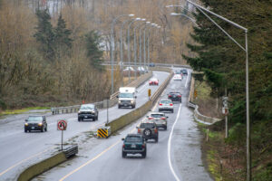 Traffic moves over the state Highway 14 bridge that crosses the Camas Slough on Feb. 25, 2025. Washington legislature rejected a request to fund a new bridge (Taylor Balkom/The Columbian files)