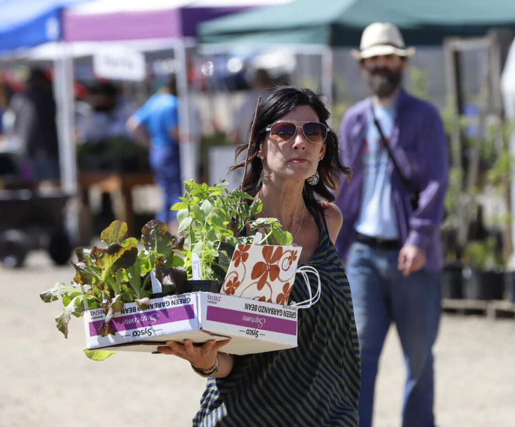 Shelley Serface, of Ridgefield, carries plants she selected at the Master Gardener Foundation of Clark County Mothers&rsquo; Day Weekend Plant Sale. (The Columbian files)