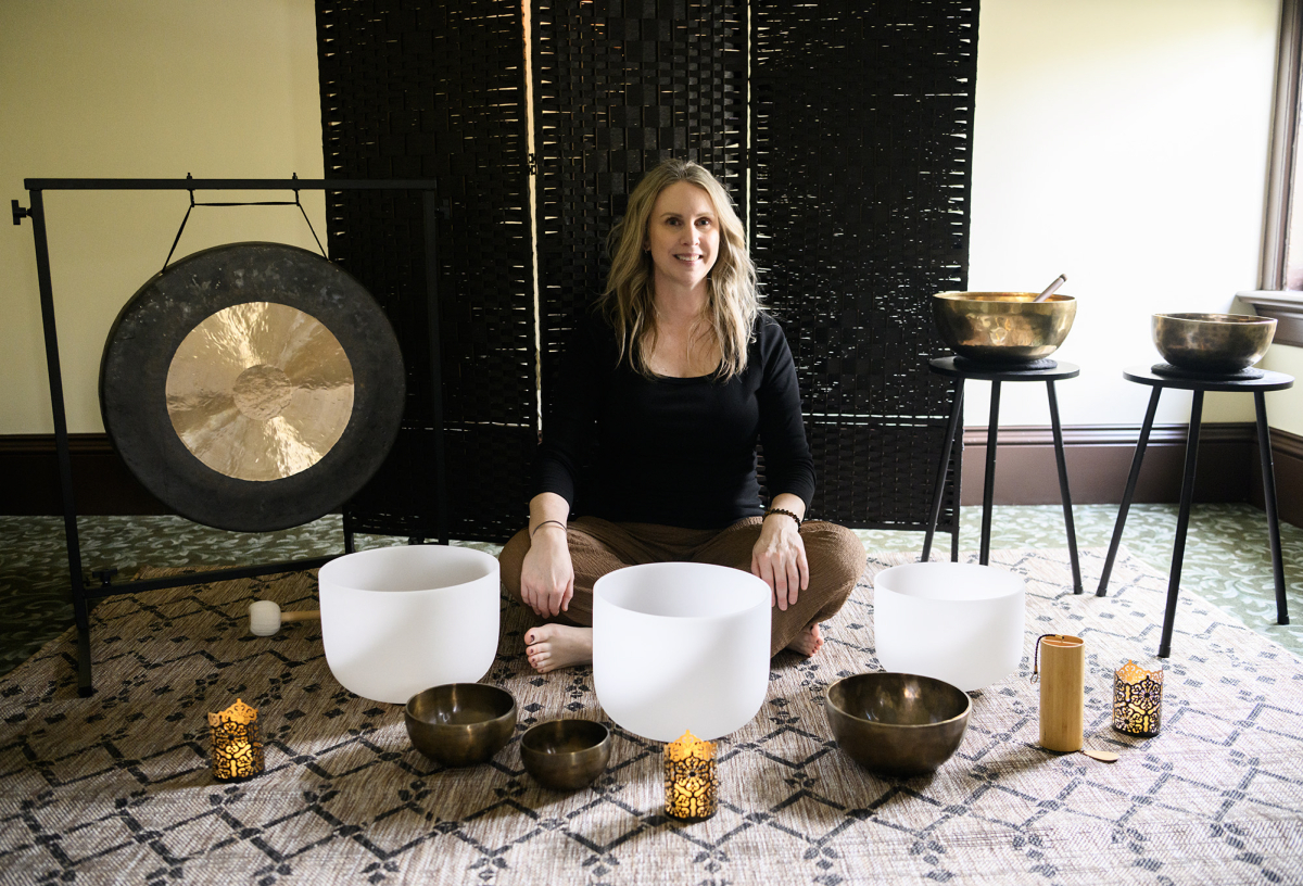 Andrea Kintzley, owner of Soul Space Wellness in Vancouver, learned how to play the crystal singing bowls a few years ago. Now she offers group and private sound bath sessions as well as reiki, a form of energy healing. (Taylor Balkom/The Columbian)