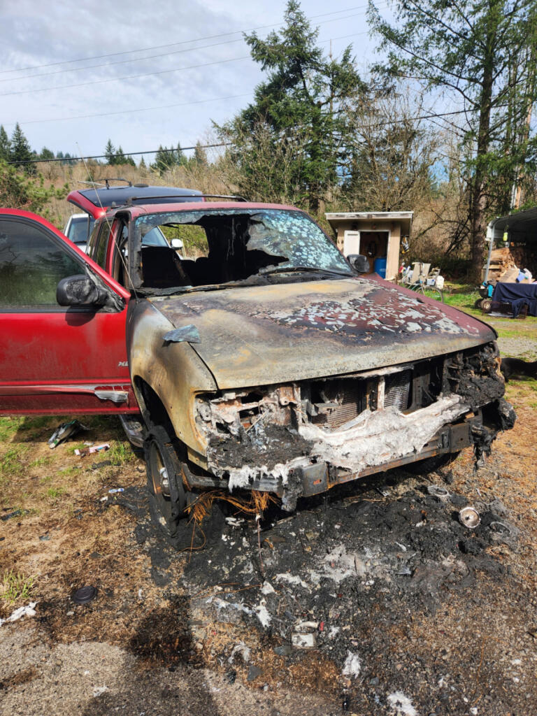 Burned cars sit on Sherrill Morgan&rsquo;s Washougal area property after a March 10 fire. (Contributed by Sherrill Morgan)