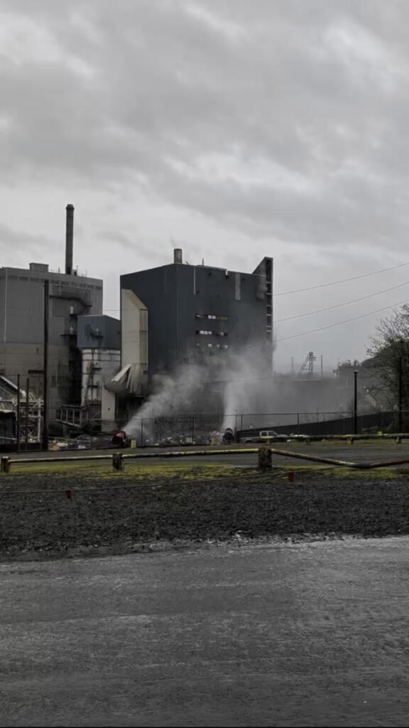 Contractors removed the Recovery Boiler #4 using a controlled fall Wednesday morning at the Georgia-Pacific Camas Mill. 
 (Photo still from video courtesy of Georgia-Pacific Camas Mill)