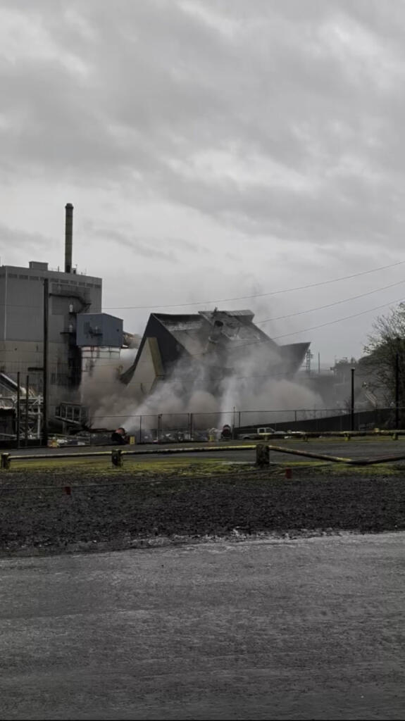 Contractors removed the Recovery Boiler #4 using a controlled fall Wednesday morning at the Georgia-Pacific Camas Mill. 
 (Photo still from video courtesy of Georgia-Pacific Camas Mill)
