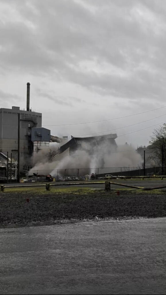 Contractors removed the Recovery Boiler #4 using a controlled fall Wednesday morning at the Georgia-Pacific Camas Mill. 
 (Photo still from video courtesy of Georgia-Pacific Camas Mill)