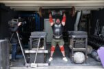 Camas resident Martins Licis, the Latvian-American strongman known worldwide as &ldquo;The Dragon,&rdquo; records a livestreaming workout for his followers while joined by the media at his home April 2. Licis is set to return to the World&rsquo;s Strongest Man competition this week, marking his first appearance since 2022. (Amanda Cowan/The Columbian)