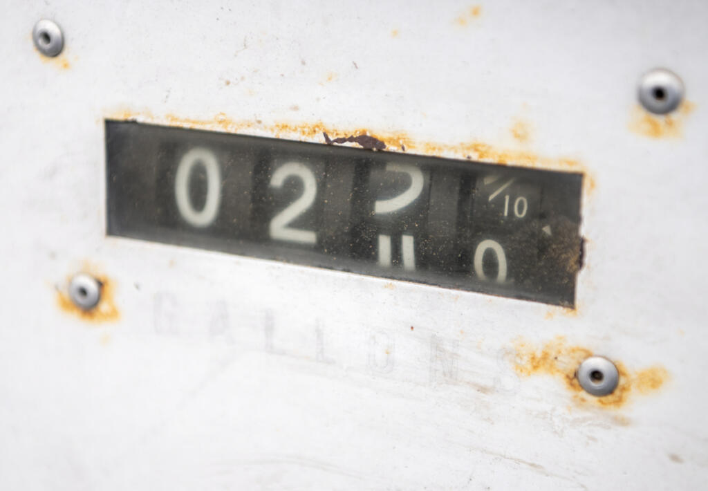 Numbers tick upward on a gas pump Tuesday at theVancouver Fire Department&rsquo;s Station 5 in Vancouver. (Taylor Balkom/The Columbian)