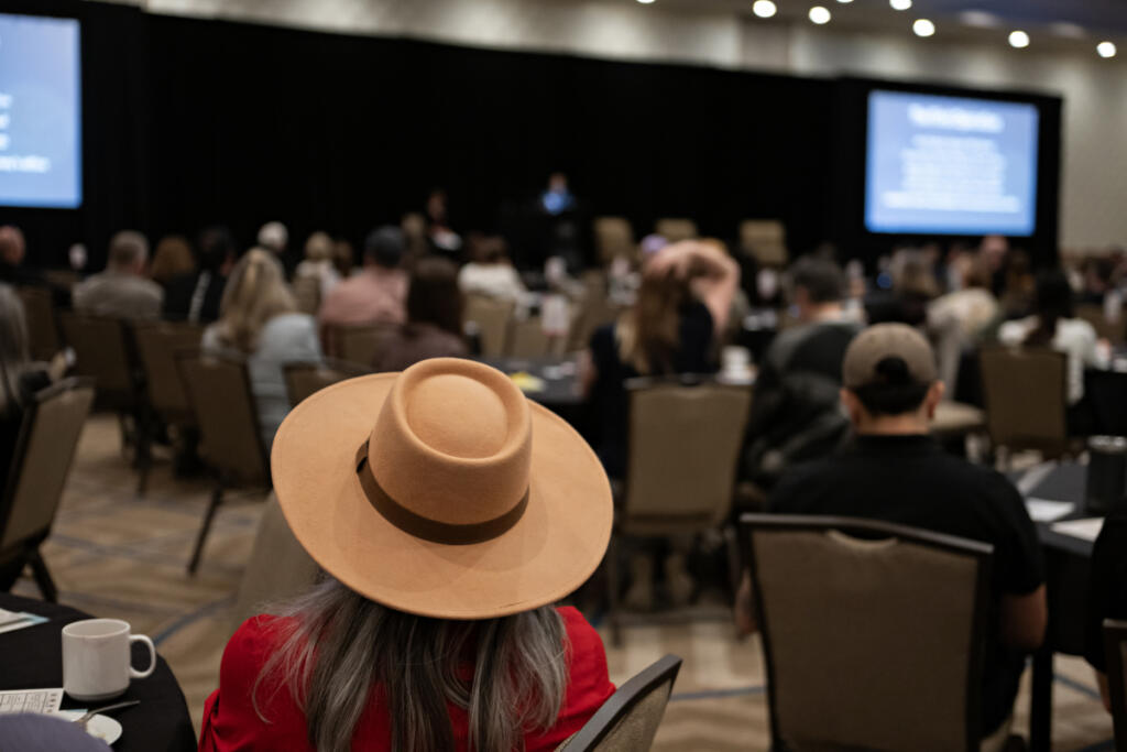 A crowd of people listens to speakers from Shared Hope International at the Hilton Vancouver Washington on April 9.