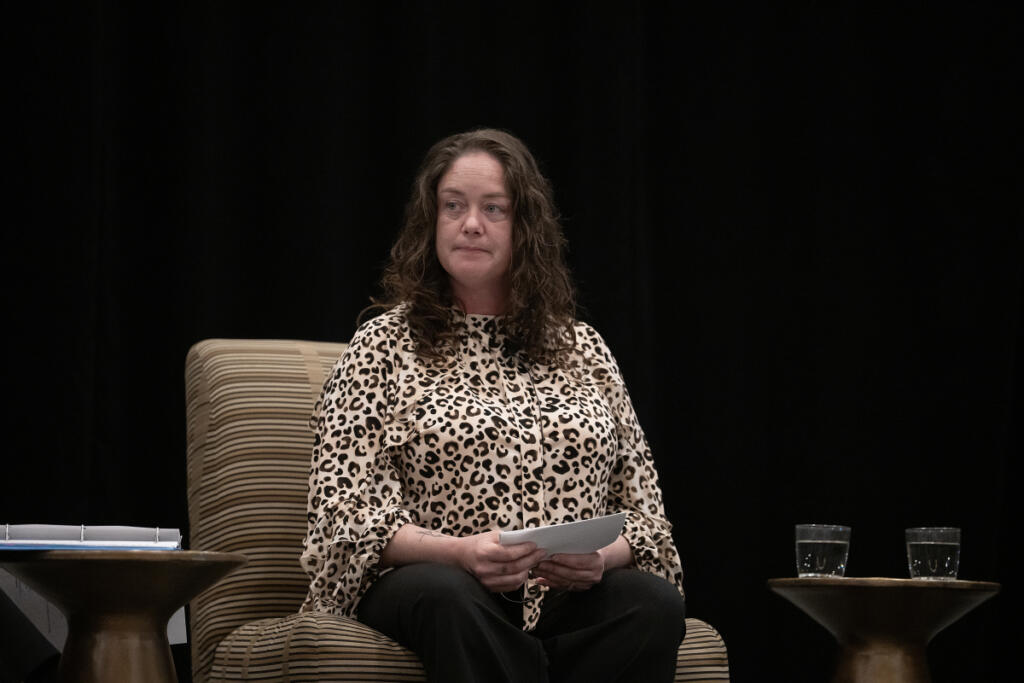 Survivor Yvonne Fryar speaks to the crowd during a discussion hosted by Shared Hope International at the Hilton Vancouver Washington on April 9. (Amanda Cowan/The Columbian)