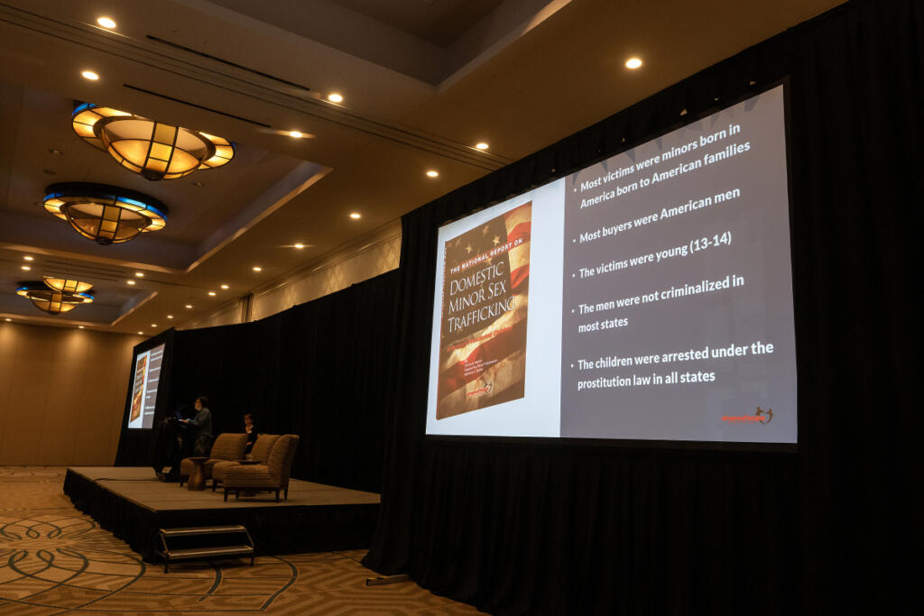 Linda Smith, president and founder of Shared Hope International, speaks to the crowd at the Hilton Vancouver Washington on April 9. (Amanda Cowan/The Columbian)