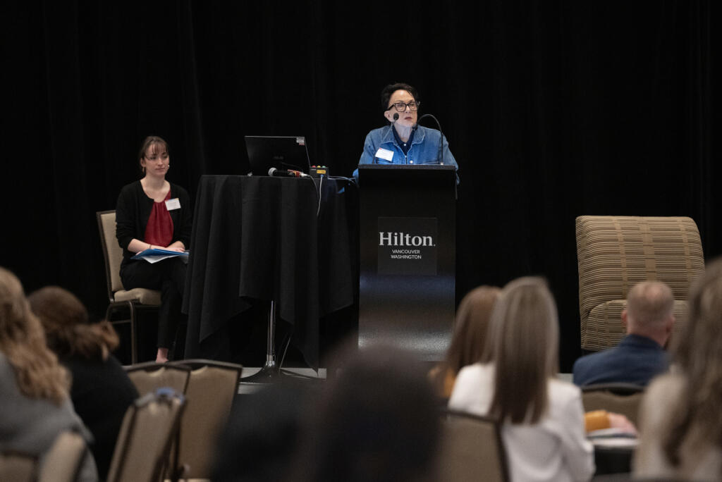 Elizabeth Freisinger of Shared Hope International, left, joins president and founder Linda Smith at the Hilton Vancouver Washington on April 9. Shared Hope International will also host an educational event in Battle Ground on Thursday. (Amanda Cowan/The Columbian)