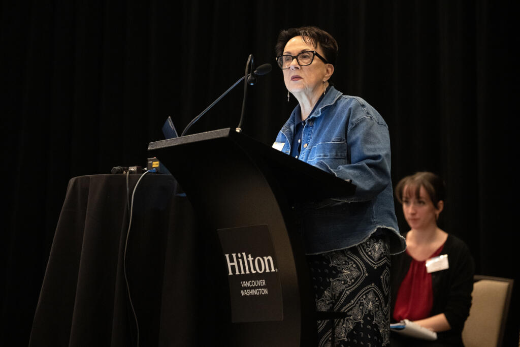Linda Smith, president and founder of Shared Hope International, left, joins colleague Elizabeth Freisinger at the Hilton Vancouver Washington on April 9.