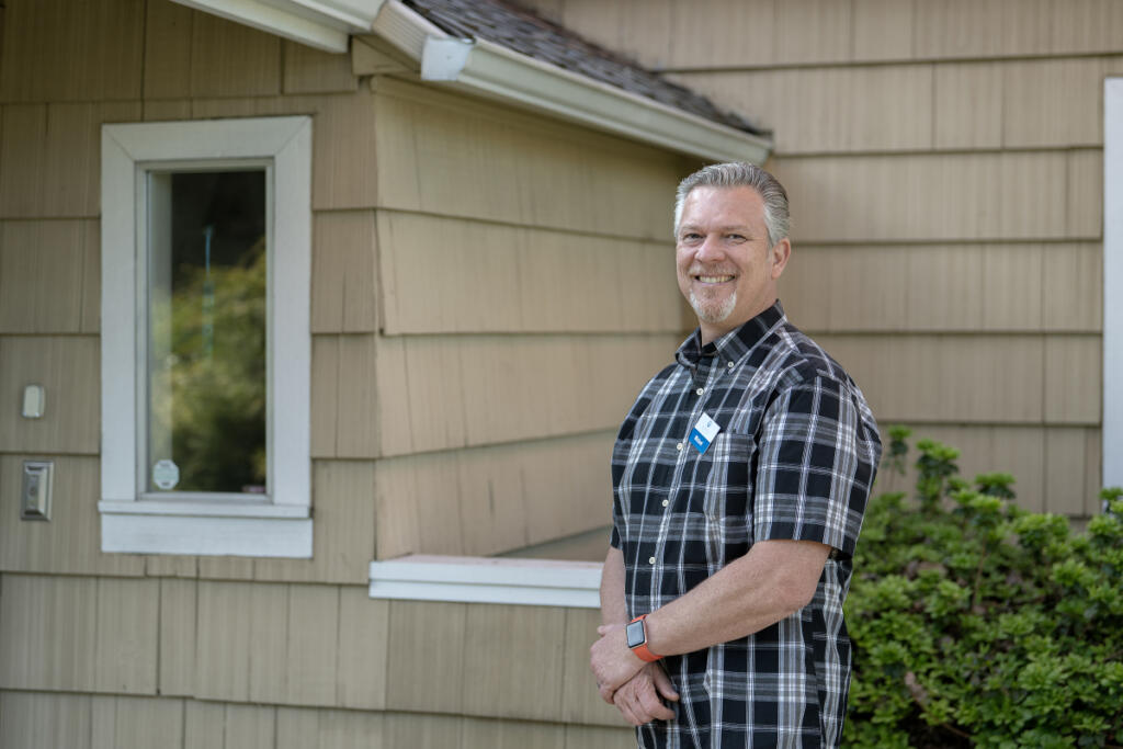 Michael Prevec, an acupuncturist at Ripple Wellness in Washougal, takes a break April 17. (Amanda Cowan/The Columbian)