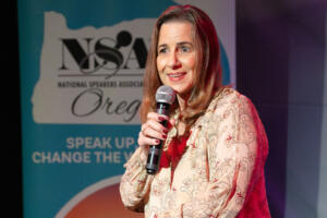 Washougal resident Roni Sasaki competes in the National Speakers Association Oregon Chapter&rsquo;s Last Story Standing competition March 4 at the Chapel Theatre in Milwaukie, Ore. (Contributed by Adam Bacher)