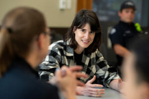 Rep. Marie Gluesenkamp Perez
, in plaid, holds a childcare roundtable with Clark County first responders at Vancouver City Hall on June 20, 2024. Amanda Cowan/The Columbian files
Rep. Marie