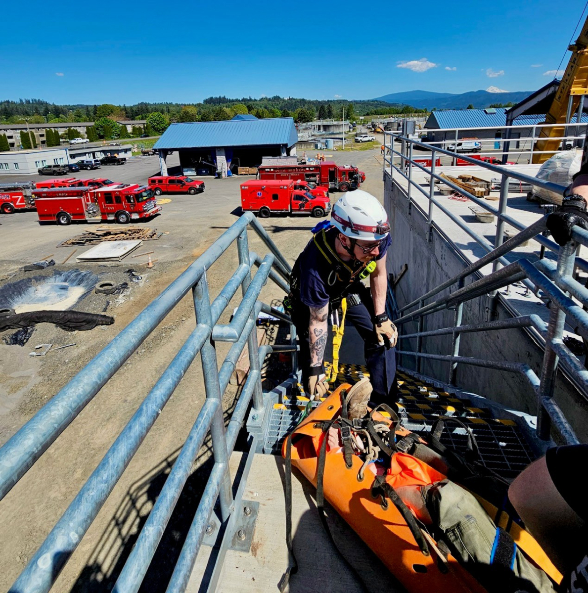 Team Wednesday raised a man who had fallen about 25 feet into a tank at the Washougal Wastewater Treatment Facility. (Photo contributed by the Vancouver Fire Department)
